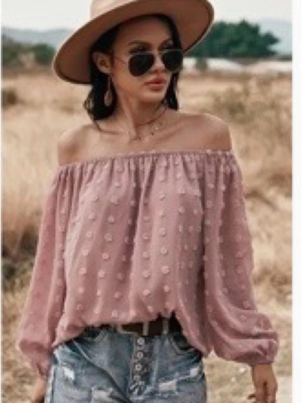 🥳🥳Women's Off-Shoulder Swiss Dot Blouse - Mauve Pink